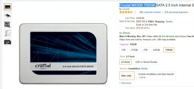  Amazon  SSD Crucial MX300 750GB - $99.99https://www