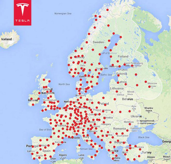 Updated Supercharger map for Europe, now showing planned expansion for 2016.