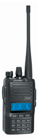 Puxing PX-888Memory channel capacity: 128Output power: 4 to 5WWide: 25kHz;Narrow: 12.5kHzCompatible; Come with 1,200mAh Li-ion battery;Input frequency by using keypad; VOX built-in; Scan function; three color LCD backlight display; emergency alarm;Programmable by PC; Bell ring when receiving signal; Priority scanning function;Adjust power Hi/Low;Switching between channel/frequency; Adjust squelch level (0 to 9); Busy channel lockout; Keypad lockReverse frequency function; channel step 5, 10, 6